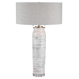 White Distressed Ribbed Ceramic Cylinder Modern Rustic Table <b>Lamp</b> with Crystal Base | Farmhouse Artisan Lighting for Hotel Cafe - Product Image 1