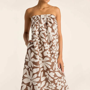 Vestido elegante de lino 100% de alta calidad con estampado playero, escote ancho elástico, personalizado, cómodo y ecológico. - Product Image 3