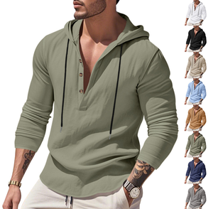 Chemise Homme 2025 Nouvelle Collection Printemps-Automne en Lin à Capuche Coupe Ample Décontractée Design Uni pour <span class=keywords><strong>Site</strong></span> Web Indépendant - Product Image 3
