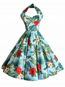 Fashion Vintage 1950s <strong>Style</strong> Halter Collar Sleeveless Floral Print High Waist Swing <strong>Dress</strong> for Women - Product Image 3