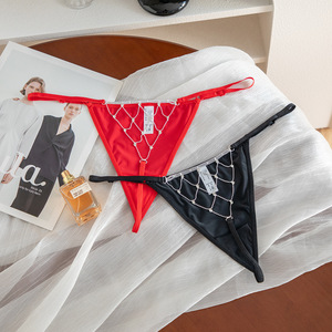 Tanga de satén liso con cadena de diamantes de imitación para mujer, al por mayor, con tirantes finos ajustables, cintura baja, lencería sexy para mujer - Product Image 2