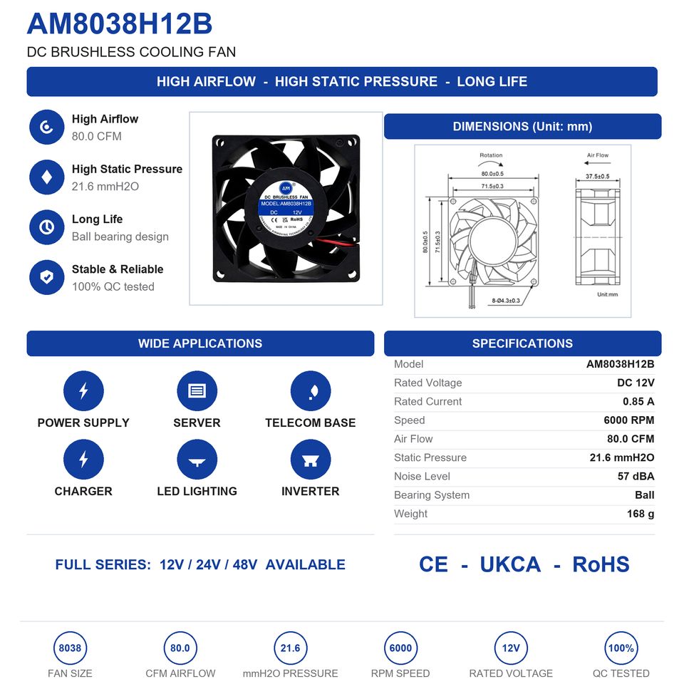 Nas Solution AM8038H12B 80x80x38mm DC Brushless Cooling Fan 12V 24V 48V High Static ...