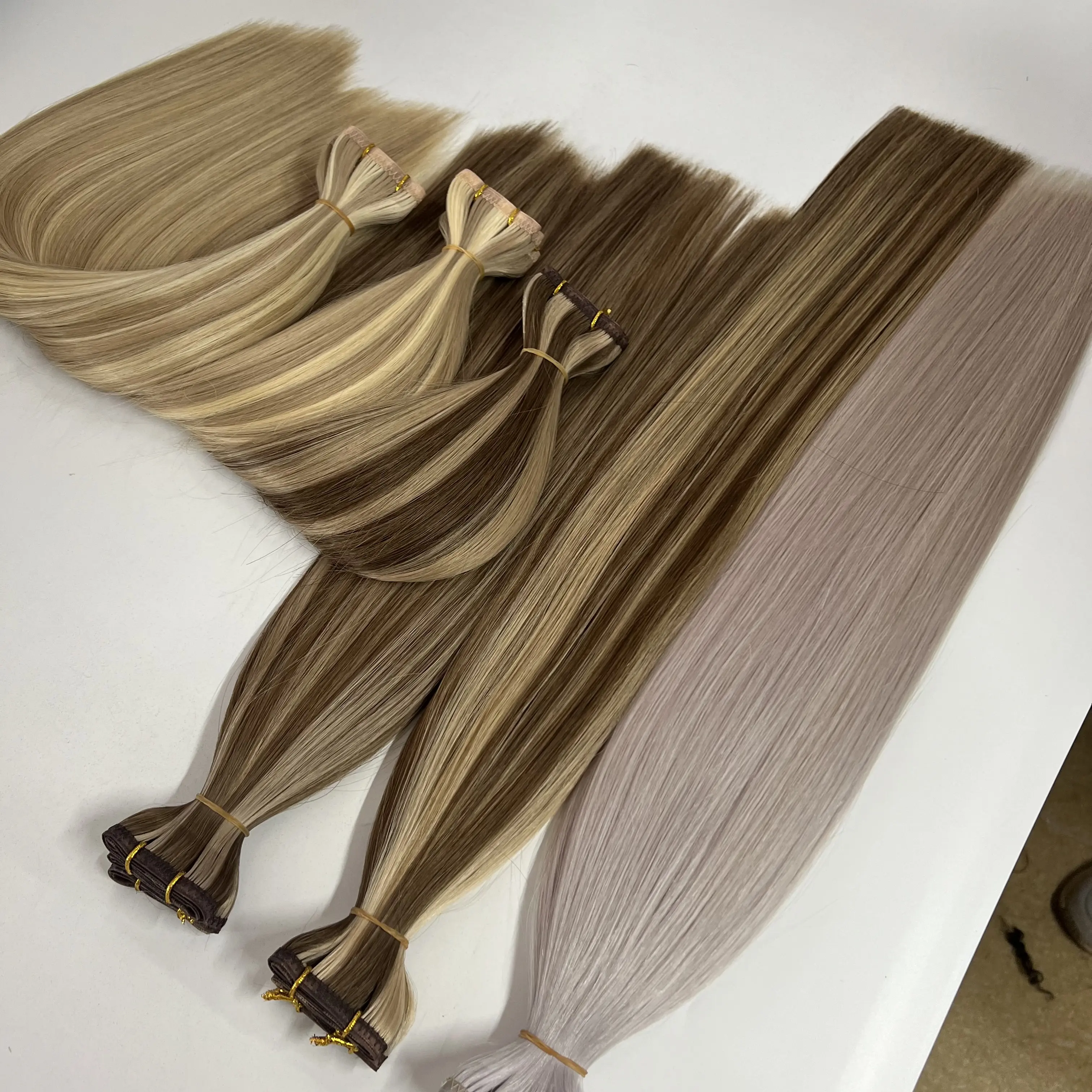 Cuticle Aligned No Shedding No Tangle Double Drawn Hair Extension Seamless Flat Weft Hybrid Micro Machine Weft For Hair Salons
