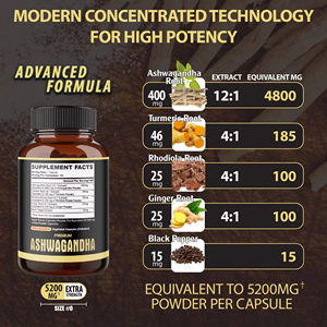 Cápsulas de <span class=keywords><strong>Ashwagandha</strong></span> Extra Forte 5 em 1 Mistura de Cúrcuma Curcumina Rhodiola Rosea Raiz de Gengibre Pimenta Preta Gestão de Energia - Product Image 4