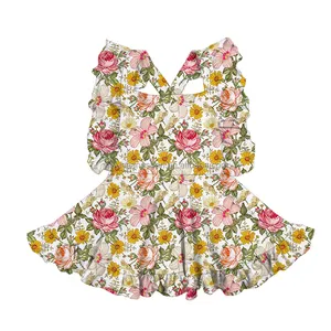 Custom Florals Pattern Baby Girls Summer Spring Dress Milk Silk Retro Print Children Kids Sleeveless Smocked Dress
