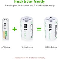 Adaptateurs de piles EBL taille D, convertisseur d'entreposage de piles AA en taille D, à utiliser avec des piles AA rechargeables - Lot de 4