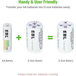 EBL 4-Pack D Size <b>Battery</b> Adapters AA to D Converter for <b>Rechargeable</b> AA <b>Batteries</b> Case Use - Product Image 5