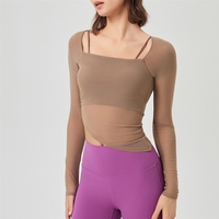 Bra Olahraga Wanita Model Dua Bagian Berbahan Mesh dengan Cup Tetap, Cocok untuk Pakaian Luar Saat Lari, Fitness, Yoga, Atasan Lengan Panjang untuk Musim Gugur