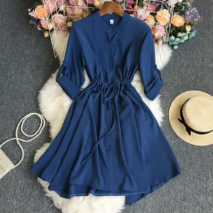 Factory Hot Sale Clear Color Standing Collar And Long Sleeves Casual Dresses Women Lady Elegant Fall Dresses For Women