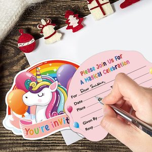 Nicro personnalisé enfants <span class=keywords><strong>anniversaire</strong></span> ornement arc-en-ciel thème licorne forme remplissage <span class=keywords><strong>Double</strong></span> face papier fête Invitations cartes avec enveloppe - Product Image 3