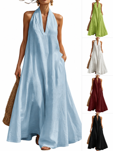 Abito Lungo da Donna con Scollo a V Profondo, Tinta Unita, Senza Maniche, con Tasche Laterali, Casual Primavera/Autunno, Lavabile, da Spiaggia, Personalizzabile ODM/OEM - Product Image 2