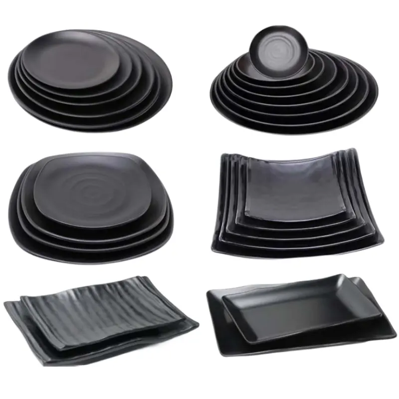Placa de jantar preta de melamina, utensílios de talheres logotipo personalizado de alta qualidade