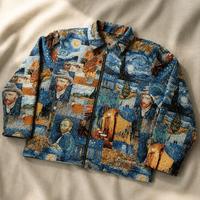 Veste personnalisée pour homme avec impression artistique, motif intégral, tissu jacquard, fermeture éclair sur le devant, style urbain vintage, fabrication sur mesure OEM ODM