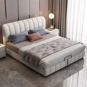 Modern Simple Double Bed In Cream Minimalist Italian Master Bed With Soft Hotel Furniture Cloth Bag For Household Use