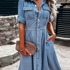 Abito chemisier in denim a maniche corte tinta unita, modello sexy a trapezio, alla moda per dropshipping - Product Image 5