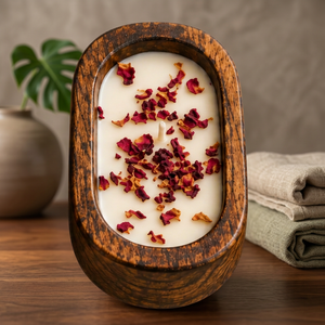 Small Wooden Soy Wax Handmade Eco-Friendly Organic Art <b>Candle</b> 7x5 Inch Modern Decor Dried Rose Petals 40 Hours - Product Image 3
