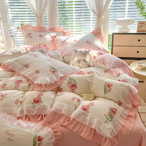 Ensemble <span class=keywords><strong>de</strong></span> literie en microfibre lavé à bulles 4 pièces Design à volants floraux housse <span class=keywords><strong>de</strong></span> couette drap <span class=keywords><strong>de</strong></span> <span class=keywords><strong>lit</strong></span> taies d'oreiller ensemble couette ensembles <span class=keywords><strong>de</strong></span> literie - Product Image 1