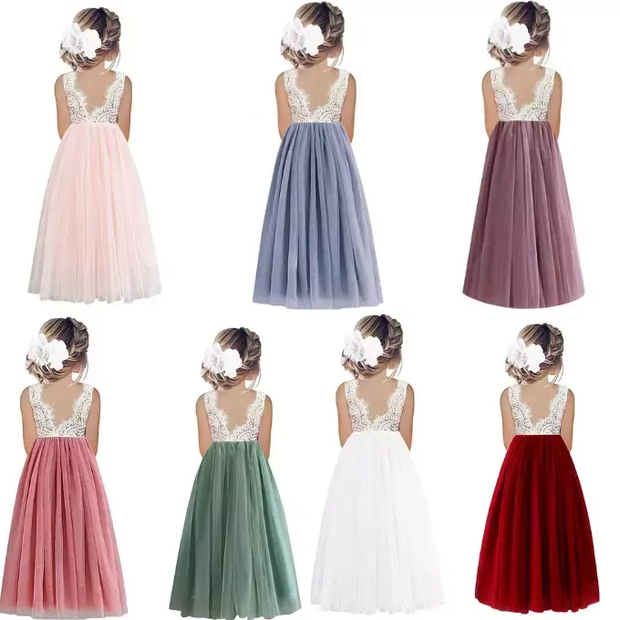 In Stock Girls Lace Top Princess Dresses Sleeveless Big Kids Backless Tulle Maxi Tutu Teens Party Frocks