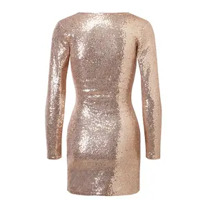 Custom Golden Spring Sequin Plunge V Neck Chic Evening Dresses Ruched Bodycon Mini Sexy Cocktail Party Luxury Dress Women 2024