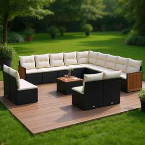 Ensemble de salon de jardin 14 pièces D0100XFTCTX en rotin PE noir avec pieds réglables, design contemporain et panneaux en teck - Product Image 2
