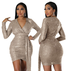 Femmes Deep V Party Sequin Gaine Mini Robe À Manches Longues Couleur Pure Invité De <span class=keywords><strong>Mariage</strong></span> Sexy Jupes Élégant Gland Mince Club Robe - Product Image 4