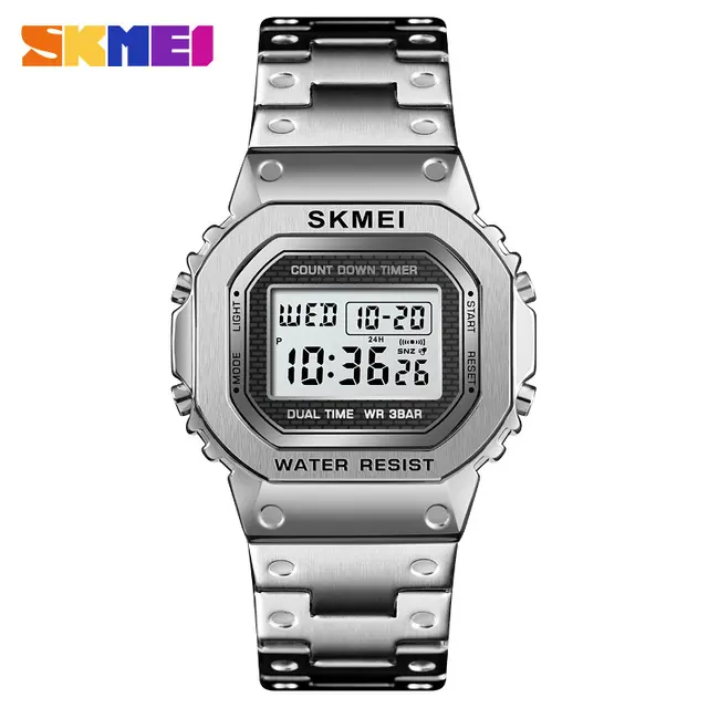skmei 1456 2022 Men Digital Watch Stainless Steel Chronograph Countdown Wristwatch Shock LED reloj skmei brand watch