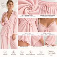 Ensemble de vêtements de maison côtelés pour femmes, haut à manches longues, pantalon large à cordon de serrage, ensemble de pyjama uni