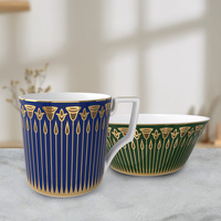 Tasse à café de luxe en porcelaine fine, bord doré, motif floral géométrique Art Déco, bleu vert, pour la maison, l'hôtel, cadeau, vaisselle