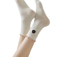 Chaussettes mi-mollet tendance version coréenne pour femmes Printemps Automne Style universitaire Mignon motif de chat de dessin animé Bord festonné Polyester