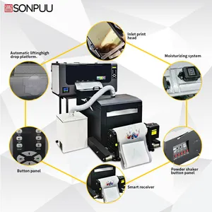Sonpuu Printer DTF 30cm, kepala ganda XP600 CMYK + W + V Printer Film Transfer langsung dengan pengocok bubuk untuk semua kain