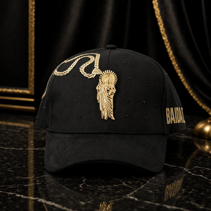 Cappellino da Baseball Nero Lavato a 5 Pannelli con Strisce, Grande Distintivo in Metallo Dorato di San Giuda Ricamato, Catena e Piccoli Strass, Traspirante, Impermeabile, Stile Hip-Hop - Product Image 4