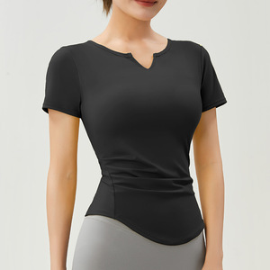 SUHE TS-008 Camiseta de Yoga de Manga Corta para Mujer, Cuello en V, Color Amarillo Sólido, Ajuste Ceñido, Ropa Deportiva para Correr, Fitness, Baile y Entrenamiento - Product Image 6