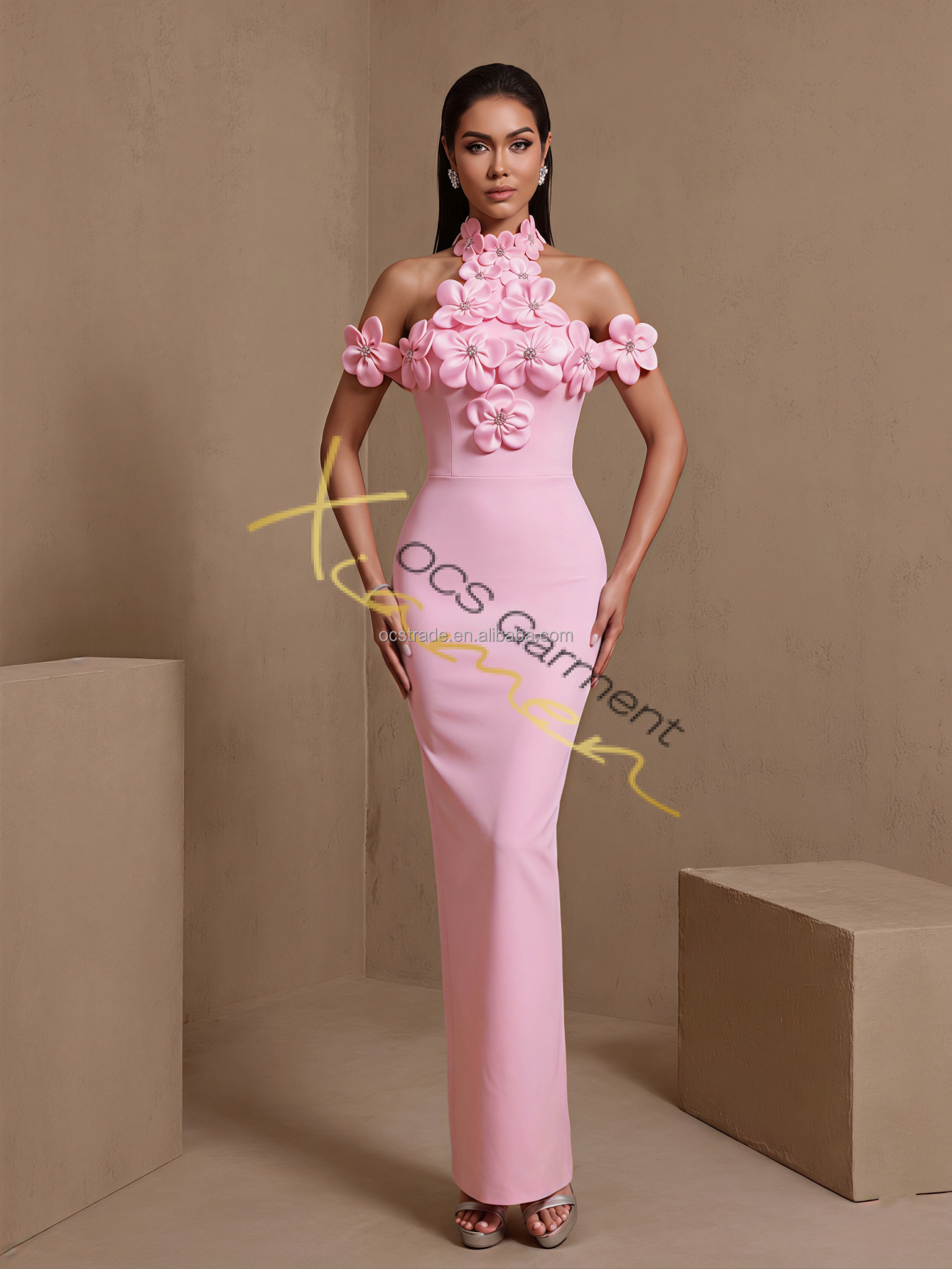 pink off the shoulder bandage dress Mew Mews Naida Off Shoulder Flower Bandage Midi Dress In Hot Pink