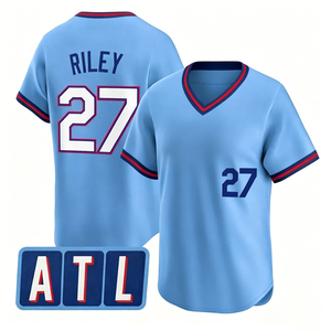 Camiseta de Béisbol Azul para Hombre, Bordada, de los Blue City, con los Nombres de Ronald Acuña Jr, Ozzie Albies, Matt Olson, Austin Riley, Hank <span class=keywords><strong>Aaron</strong></span>, Chipper <span class=keywords><strong>Jones</strong></span> - Product Image 5