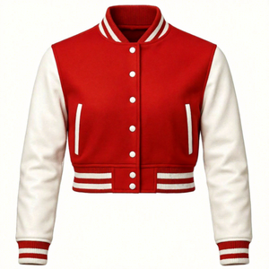 Red <b>White</b> Varsity <b>Jacket</b> PU Material Stand Button Closure Unisex Preppy Style <b>Short</b> Length Regular Sleeve Winter Windproof Front - Product Image 1