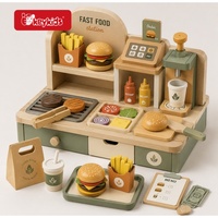 Ensemble de stand de confiserie en bois avec cuillères à glace, tranches de gâteau, beignets, caisse enregistreuse, menu et panneau d'ouverture W10A353