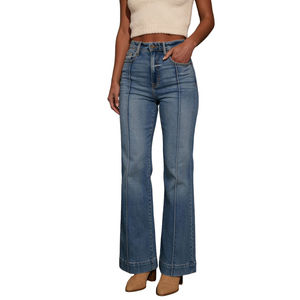 Jean en denim stretch taille haute coupe bootcut tendance pour <span class=keywords><strong>femme</strong></span> avec coutures sur le devant et jambe large - Product Image 1