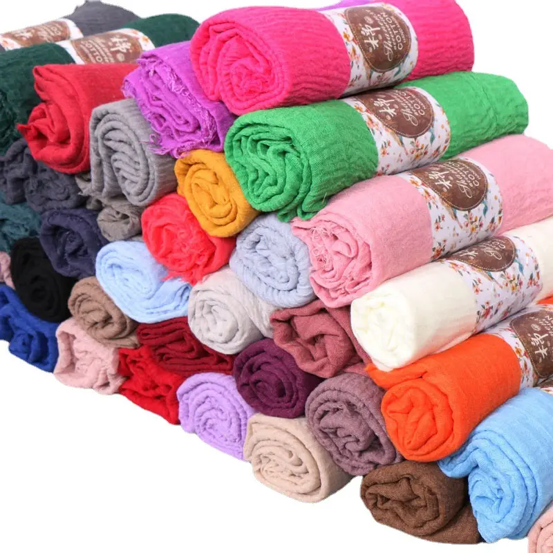 40 couleurs 90x180cm Hijabs pour femmes musulmanes couleur Pure plissée froissée coton frange Hijab uni teint