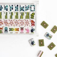 Jeu de Mahjong Américain en Velours Bleu Marine Rétro à Motifs Géométriques Floraux, avec Pochette à Tuiles en Acrylique Personnalisée à 3 Couches pour le Divertissement Familial