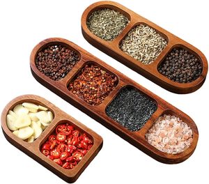 Plateau à sauce en bois 3 compartiments avec séparateurs, <span class=keywords><strong>petit</strong></span> plat pour la maison, la cuisine, le barbecue, le pique-nique - Product Image 1