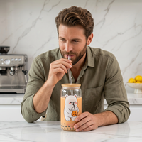 Gobelet en verre de haute qualité avec couvercle en bambou et paille, motif ours de dessin animé mignon, réutilisable pour café glacé et bubble tea