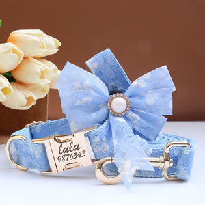 Colliers de chien en dentelle de luxe étiquette d'identification de nom personnalisée gratuite accessoire de fils pour animaux de compagnie collier de nœud papillon de perles de M-XL réglable - Product Image 2