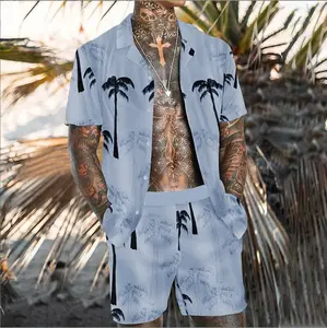 쿠바 칼라 셔츠 남자의 세트 여름 하와이안 프린트 코코넛 나무 꽃 남자 셔츠 캐주얼 트렌드 청소년 스트리트웨어