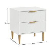 Table de chevet scandinave blanche avec 2 tiroirs, motif feuille sculpté, poignées barre dorée, pieds coniques, OEM ODM