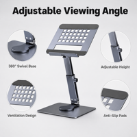 Support de tablette réglable en aluminium, rotation à 360 degrés, hauteur réglable, support d'ordinateur portable ventilé, base pivotante, support de bureau
