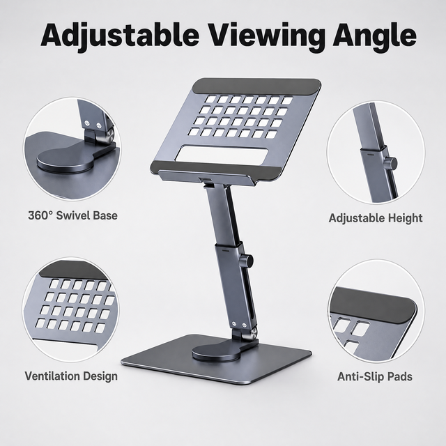 Adjustable Aluminum Tablet Stand 360 Degree Rotating Height Adjustable Ventilated Laptop Holder Swivel Base Desk Stand