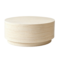 Table basse ronde cylindrique en travertin naturel et bois, style Wabi Sabi, sur mesure pour salon