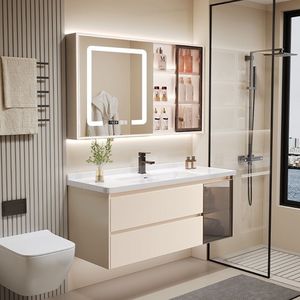 Meuble de salle de bain simple en bois massif multi-couches avec lavabo intégré en céramique - Product Image 6