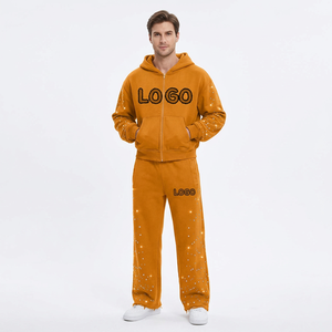 Ensemble sweat à capuche oversize pour homme en polaire rouge zippé, style décontracté pour l'automne, avec logo imprimé, poches et strass - Product Image 2