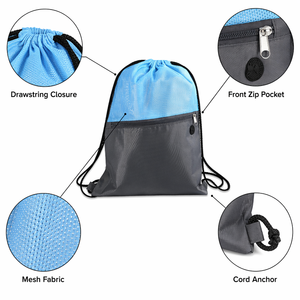Mochila de malla bicolor con cordón, bolsillo frontal con cremallera, anclaje para cordón, saco deportivo, para gimnasio, senderismo, playa, escuela, 4 colores, personalizable - Product Image 3